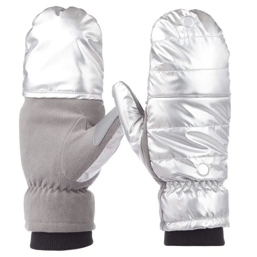Isotoner Women’s Metallic Silver Flip-Top Mittens Warm Insulated L/XL New